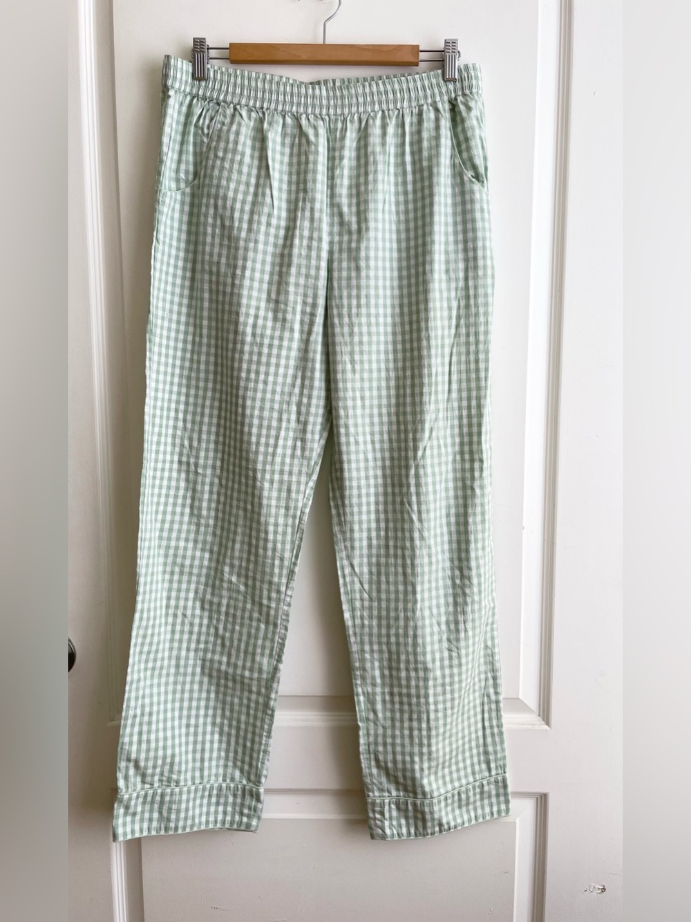 LAKE Poplin Piped Pajama Pants In Aloe Gingham Size M Cotton Sleepwear